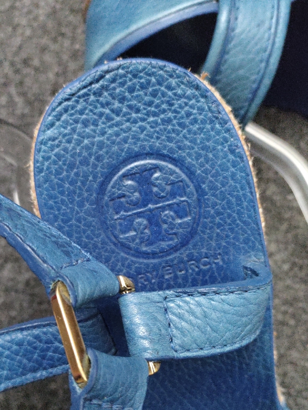 Tory Burch Blue Leather Wedge Sandals with Natural Raffia Accent - Picture 5 of 10